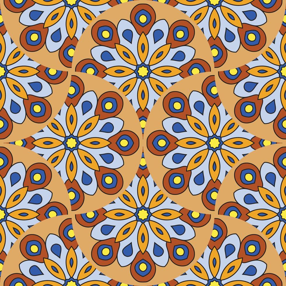 Abstract mandala fish scale seamless pattern. Ornamental tile, mosaic background. Floral patchwork infinity card. Arabic, Indian, ottoman motifs. vector