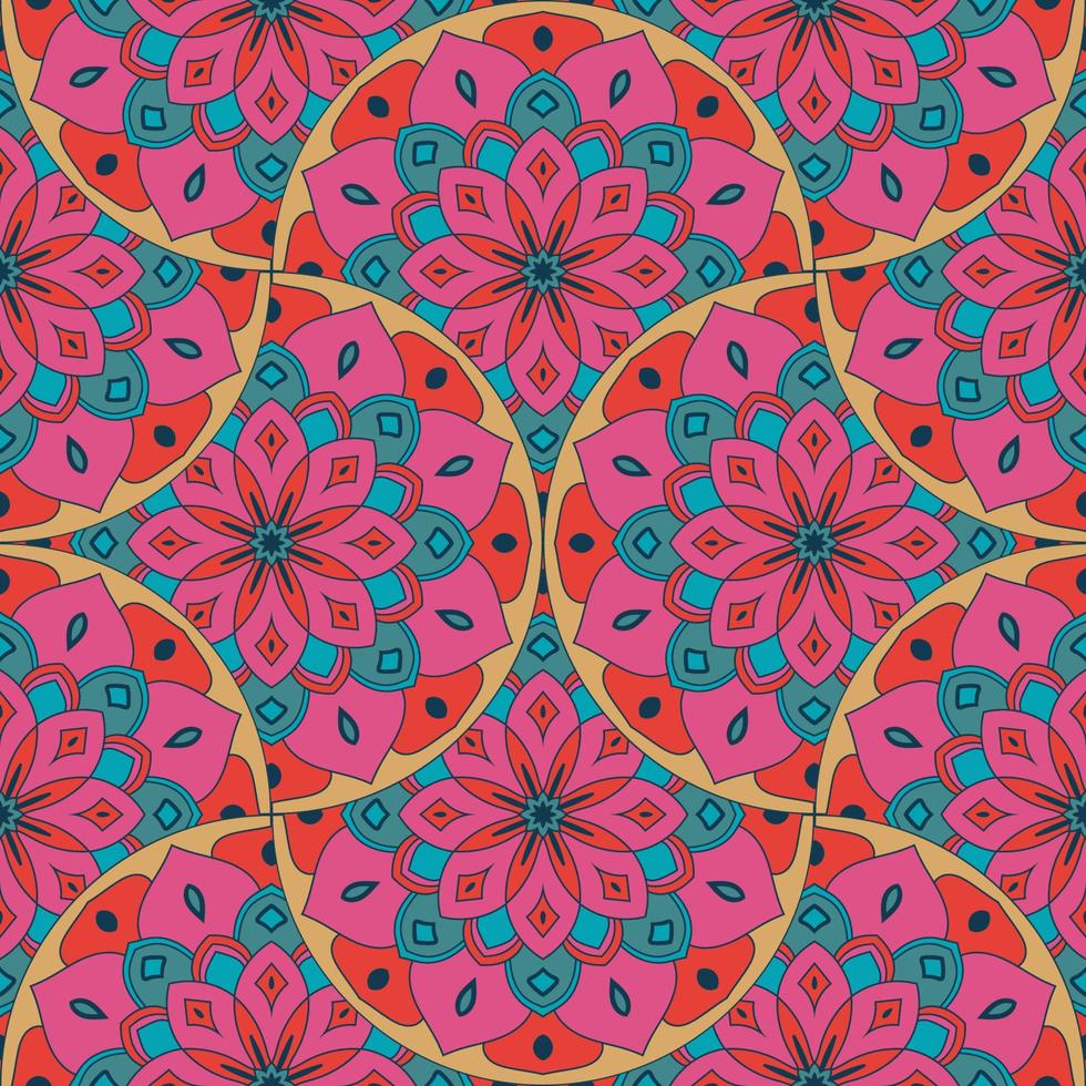 Abstract mandala fish scale seamless pattern. Ornamental tile, mosaic background. Floral patchwork infinity card. Arabic, Indian, ottoman motifs. vector