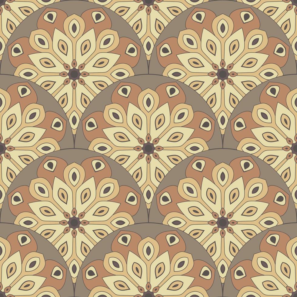 Abstract mandala fish scale seamless pattern. Ornamental tile, mosaic background. Floral patchwork infinity card. Arabic, Indian, ottoman motifs. vector