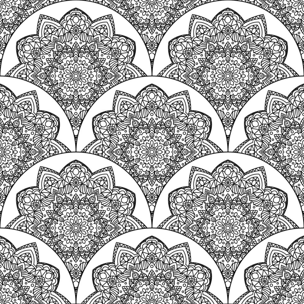Abstract mandala fish scale seamless pattern. Ornamental tile, mosaic background. Floral patchwork infinity card. Arabic, Indian, ottoman motifs. vector