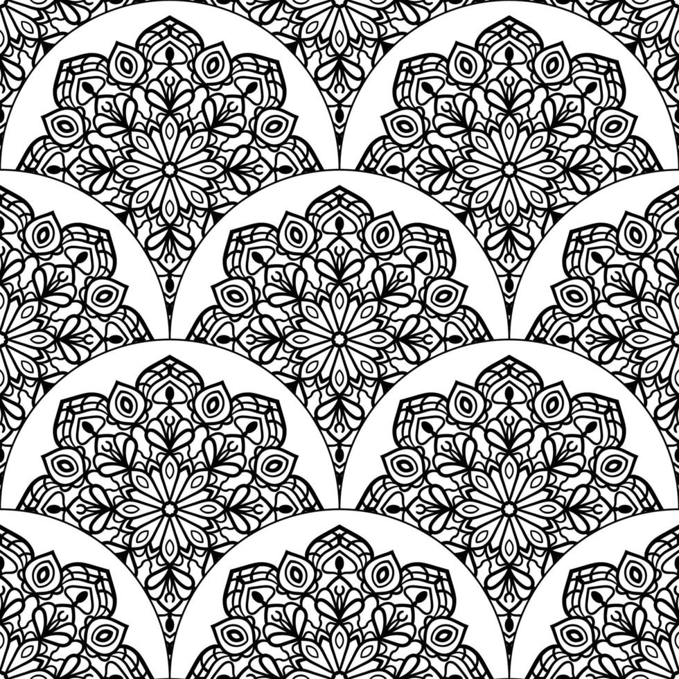 Abstract mandala fish scale seamless pattern. Ornamental tile, mosaic background. Floral patchwork infinity card. Arabic, Indian, ottoman motifs. vector