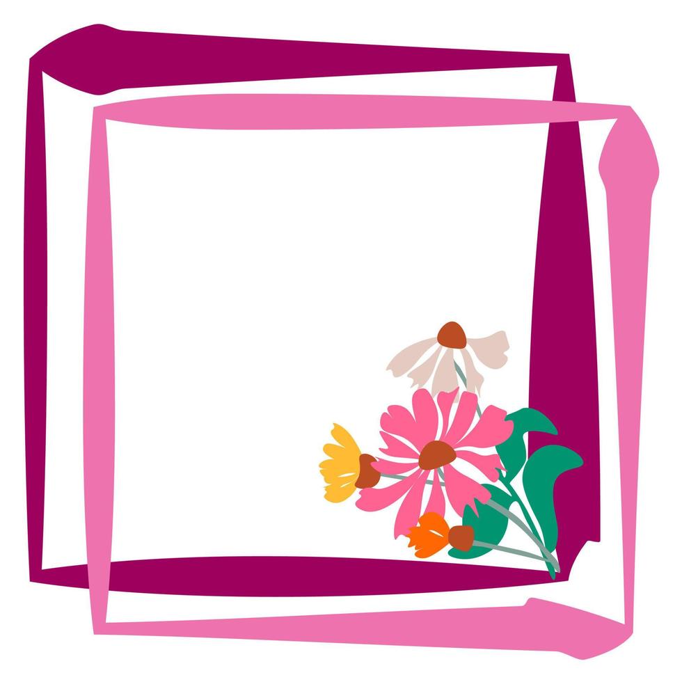 flores marco bandera con primavera es aquí logo. tarjeta para primavera temporada con blanco marco y hierba. vector