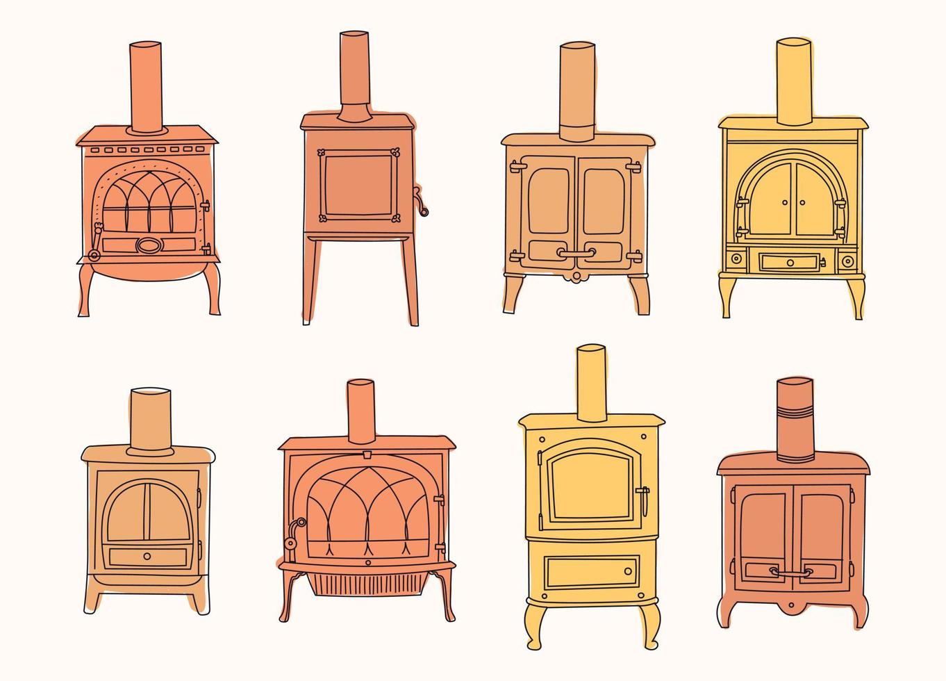 Hand drawn colored fireplace stove icon set in a doodle style isolated on white background. vector