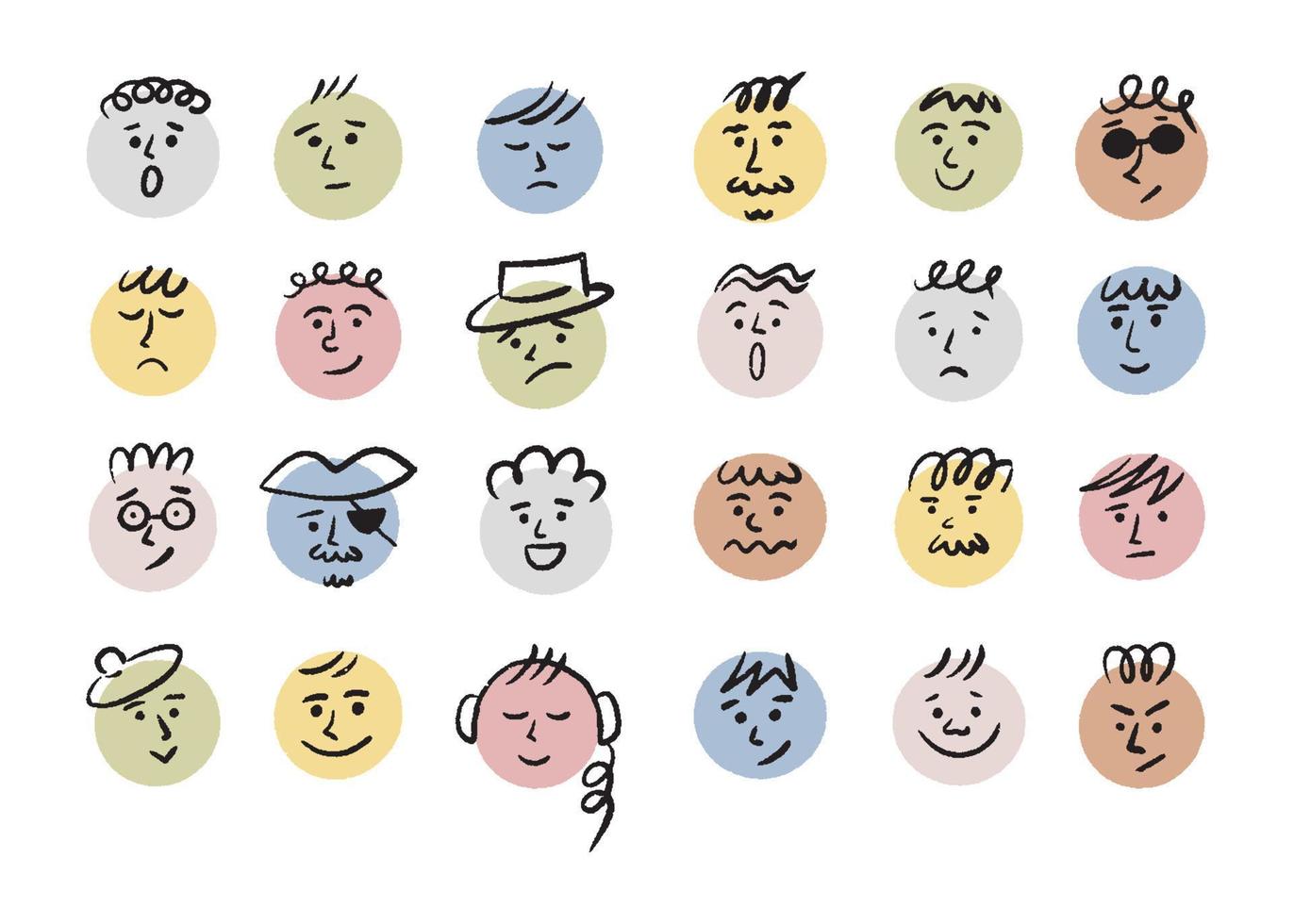 Round simple faces with various emotions. Cartoon style. Hand drawn vector illustration.