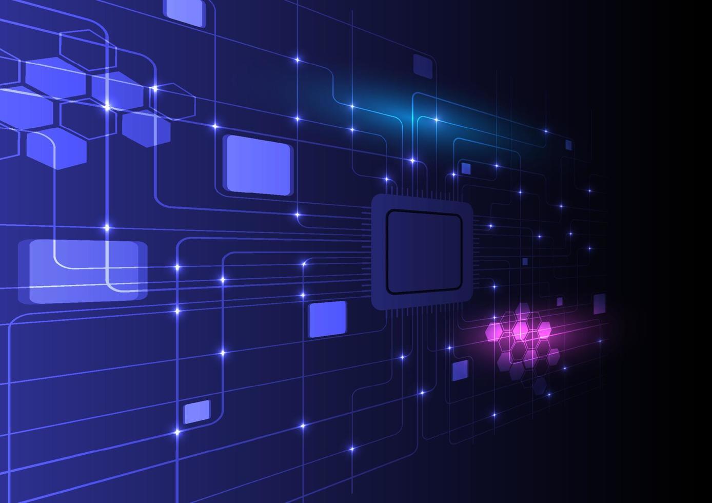 Abstract background hi-tech microchip perspective angle with circuit lines, hexagons and squares. luminous points on intersecting lines Blue and purple light blue gradient background vector