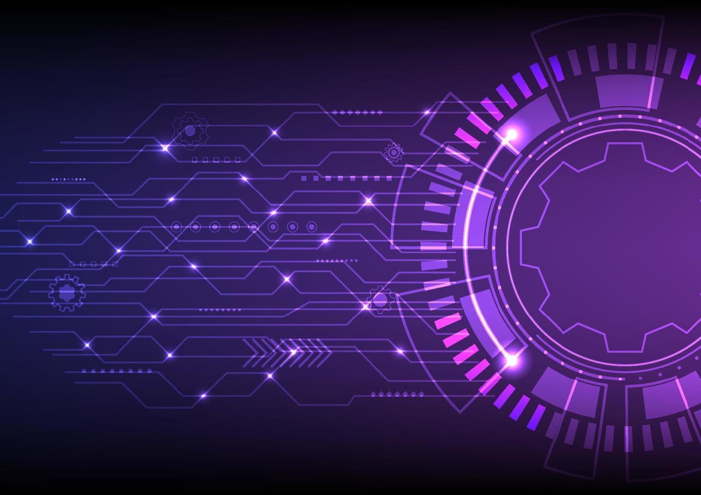 Abstract Hi-Tech Background. Tech circles. Glowing dotted curves with overlapping lines. a bright point on the intersection of the lines There are various gears and elements purple and blue background vector