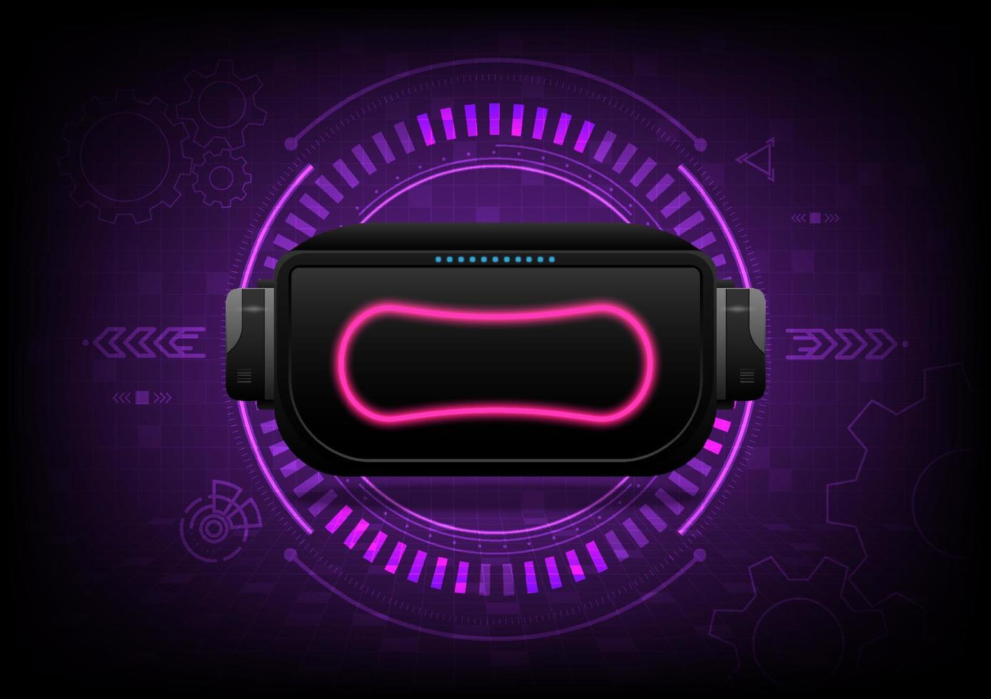 Abstract hi-tech background VR glasses 3D pink glowing curves in the center of the screen bright tech circles and grid below. with cog and elements purple gradient background vector