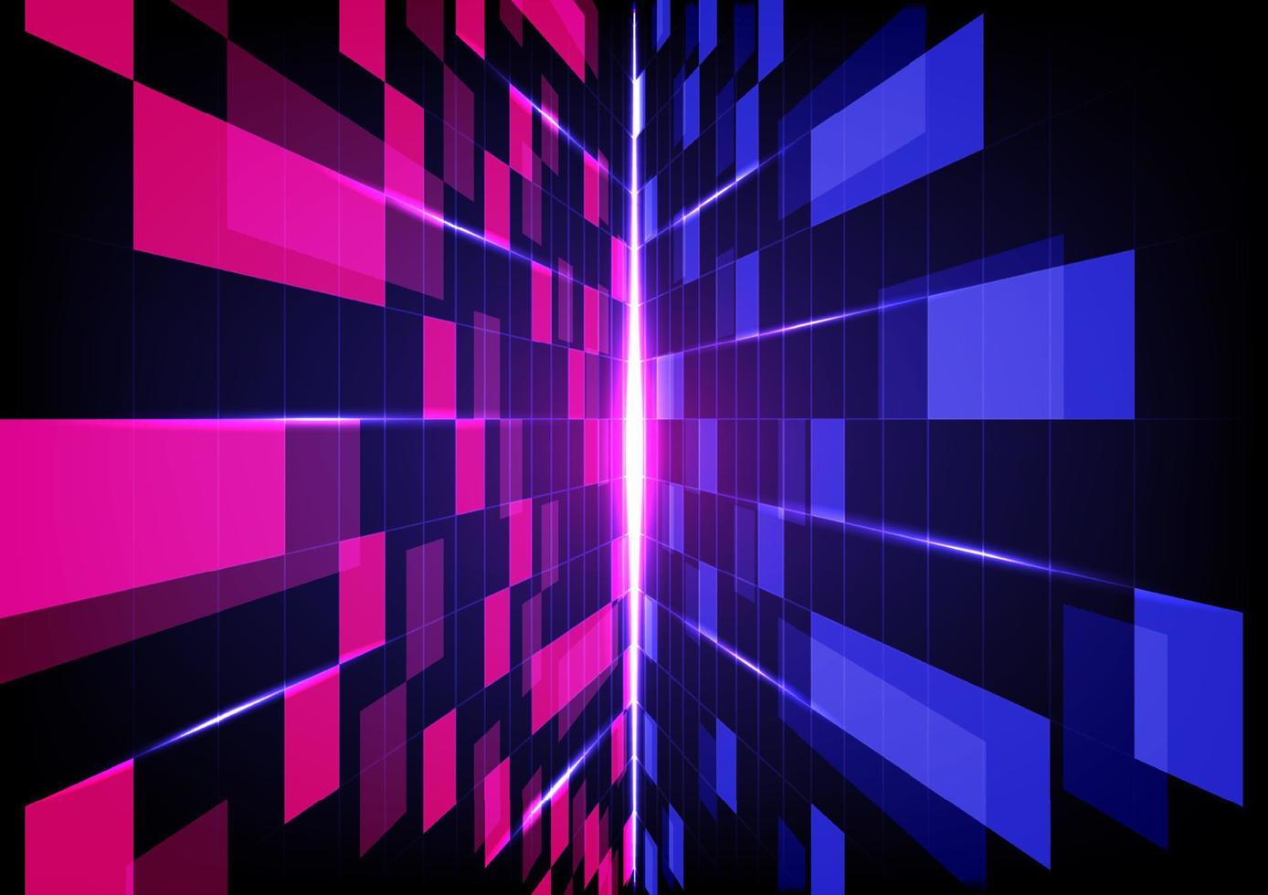 Abstract background technology digital wall perspective with overlapping blue and pink grids and squares. There is a beam of light in the center on a black and blue gradient background. vector