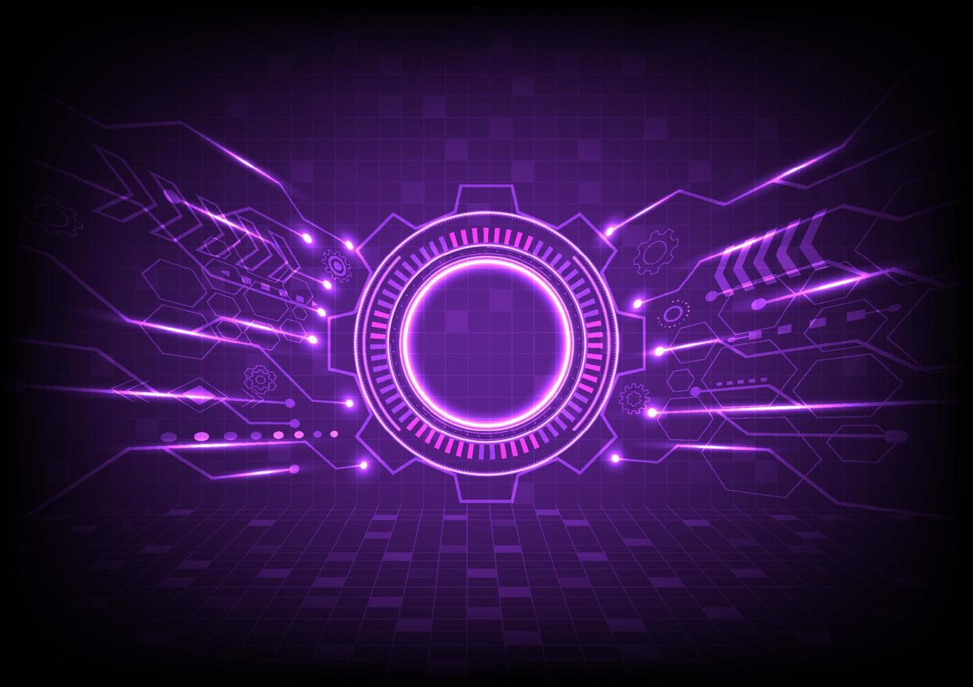 Abstract background hi-tech cog There is a glowing circle with a bright empty space in the center. Circuit pattern with glowing bright dots. Element , hexagon and grid on purple gradient background. vector