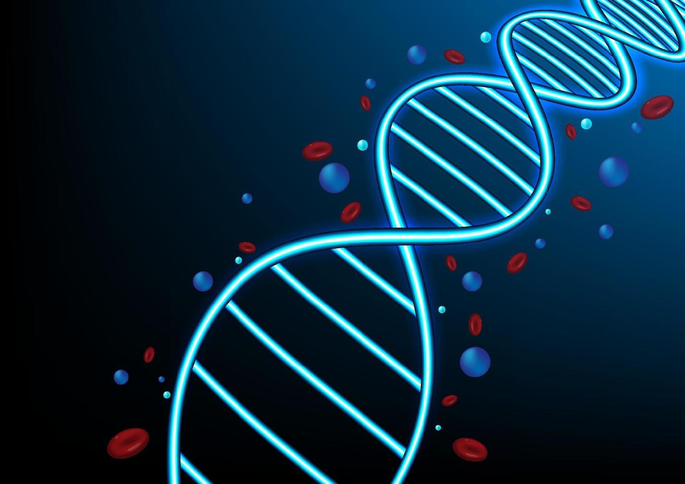 Abstract background. Medical. Glowing DNA with round shape. and red blood cells on a blue gradient background vector