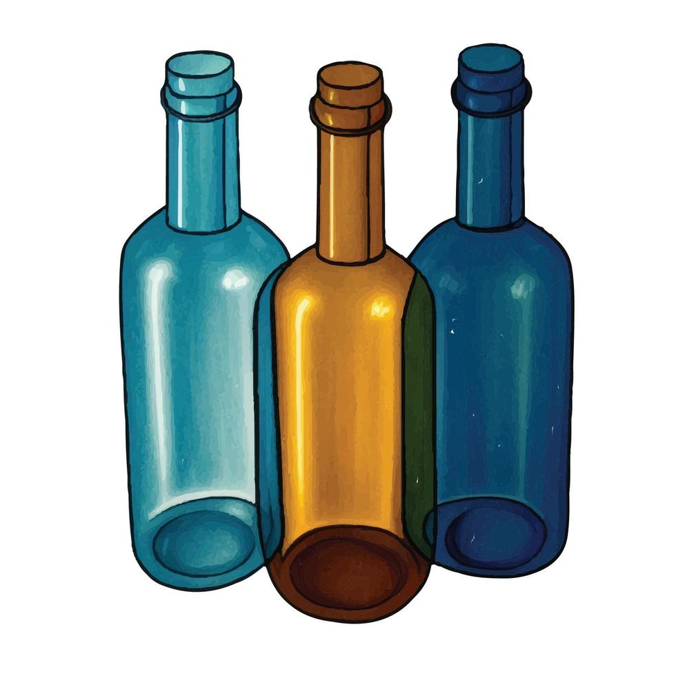 un conjunto de Tres botellas de en diferente colores de azul y marrón. vector