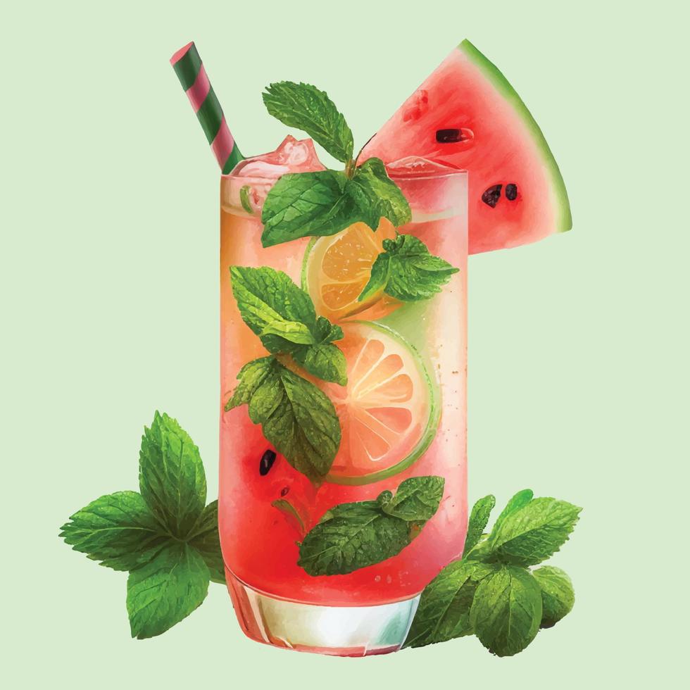 Realistic healthy watermelon cocktail with slices watermelon and mint vector