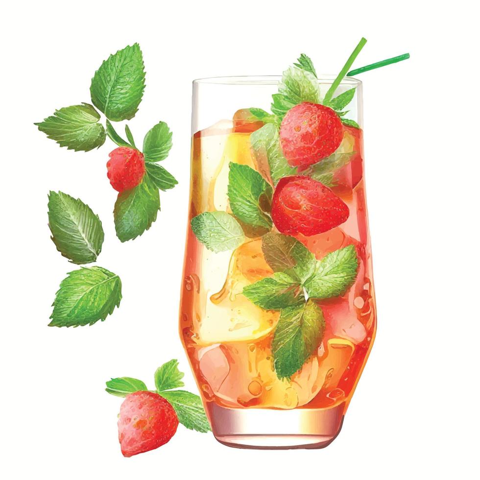 Realistic strawberry cocktail. Fresh summer cocktail with strawberries, ice cubes and mint. vector