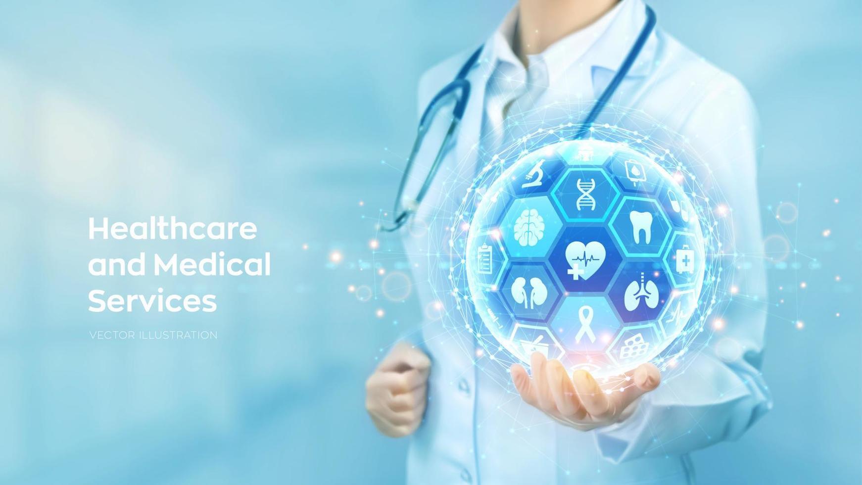 Healthcare, Medical services. Doctor holding in hand abstract 3D sphere or globe with surface of hexagons with medical icons. Health care, Medicine technology network concept. Vector illustration.