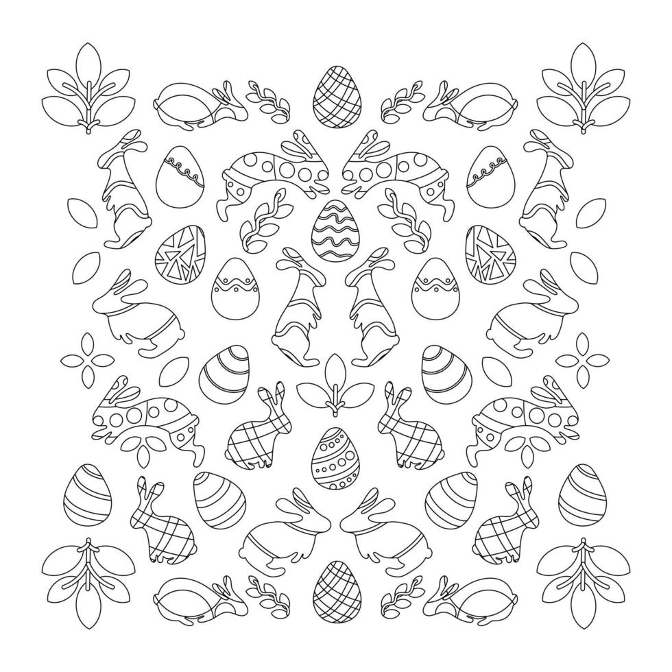 Easter coloring page with eggs and bunnies vector illustration