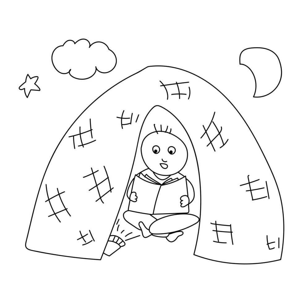 Child reading paper book under blanket at night, outline drawing in doodle style vector