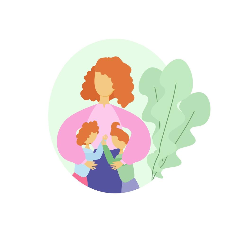 Mom hugs children, illustration in flat style about motherhood and children, vector