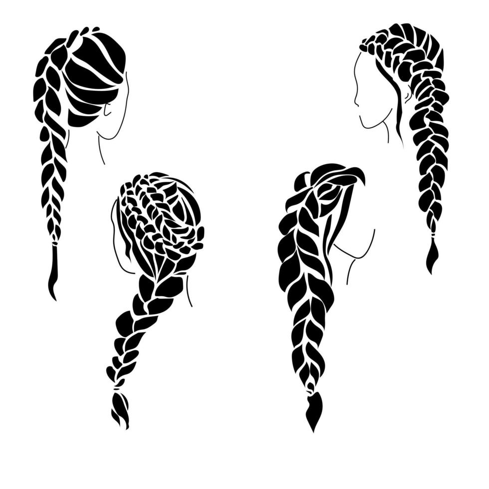 Set of silhouettes of women's hairstyles with braiding, voluminous braids on long hair vector