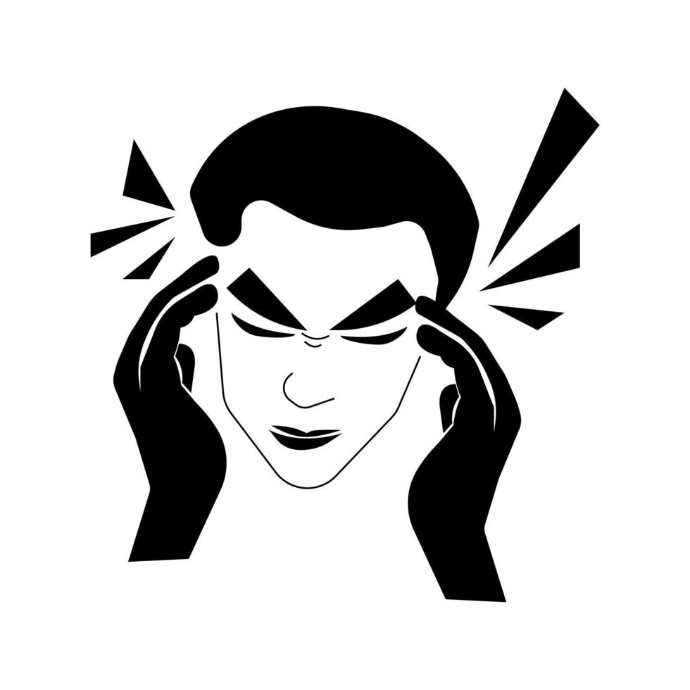 headache, person suffering from painful sensations, head and hands of a man vector