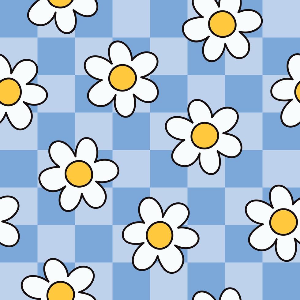 Checkered seamless pattern. Plaid pattern. Groovy pattern. Retro pattern. Blue floral pattern. Floral seamless pattern vector