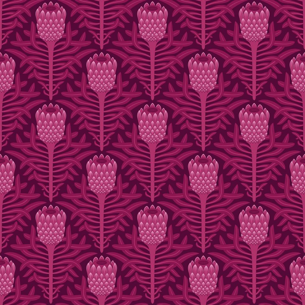 PINK SEAMLESS VECTOR BACKGROUND WITH STYLIZED BLOOMING PROTEA