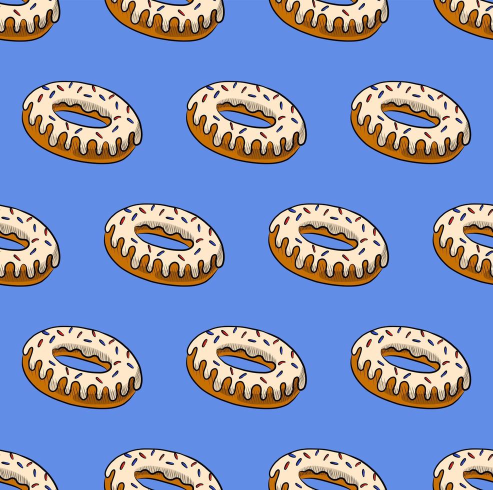 LIGHT BLUE SEAMLESS VECTOR BACKGROUND WITH DELICIOUS DONUTS WITH WHITE FUDGE