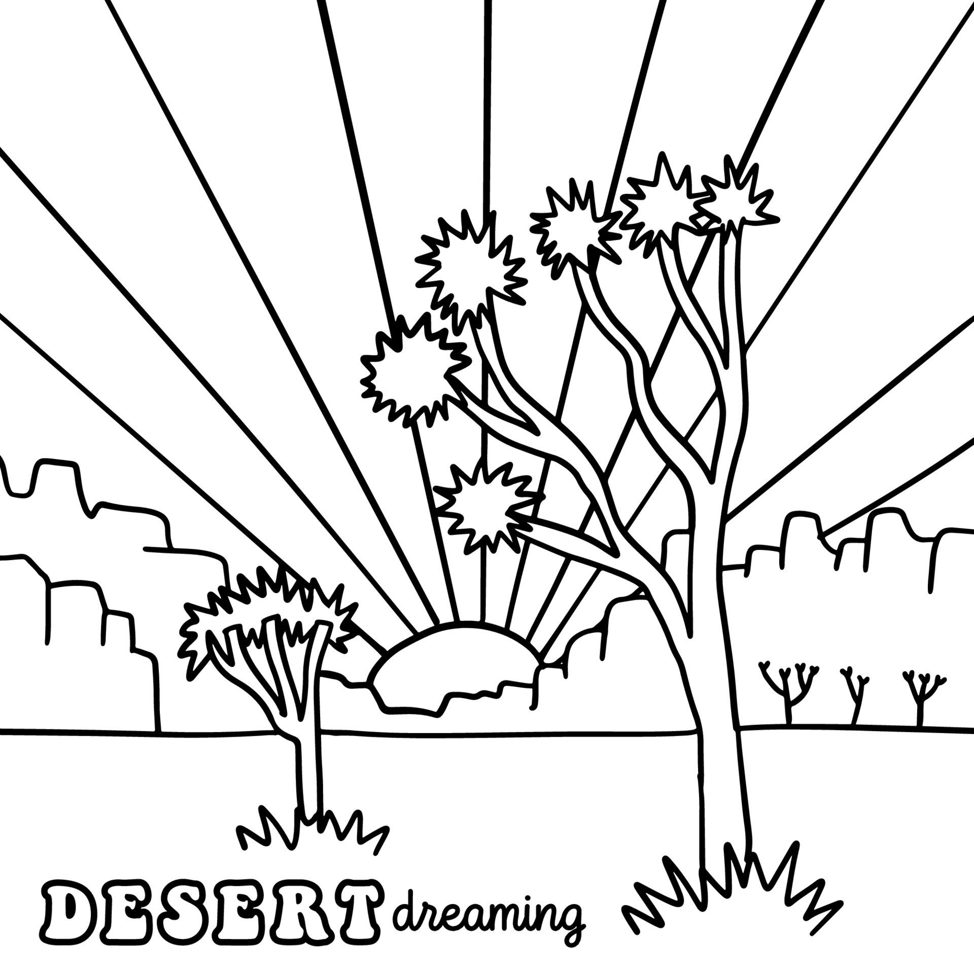 Coloring page - Black and whie linear hand drawn Joshua trees in