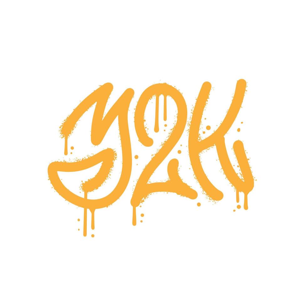 Sign of Y2K - lettering in Urban street grafitti style. Yellow letters is on white background. Splash effect and drops. Print for graphic tee, sweatshirt. Vector textured illustration.