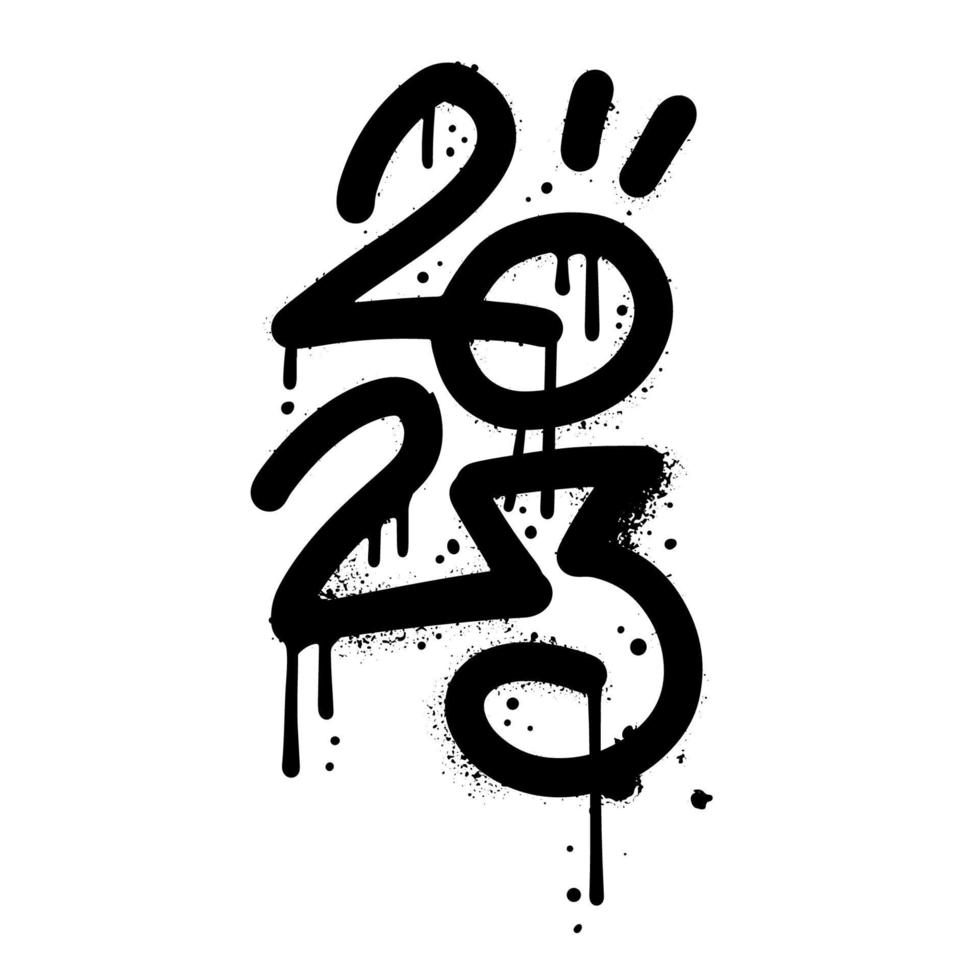 Number 2023 for year in black spray paint urban graffiti design. Isolated vector illustration with drops and leaks.