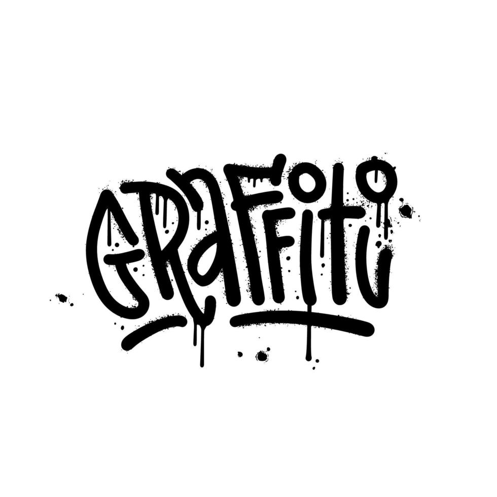 Graffiti - word sprayed in black over white. Urban graggiti style lettering. Splash effect and drops. Print for graphic tee, sweatshirt. Vector textured illustration.