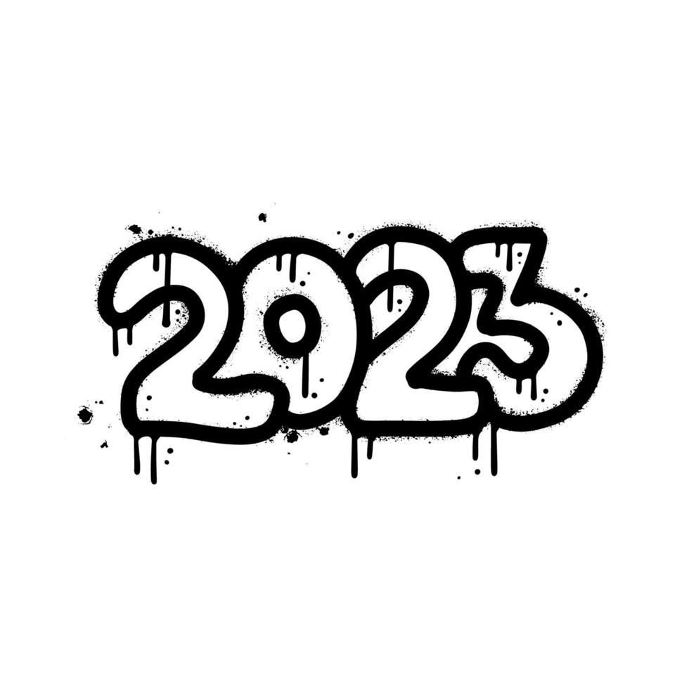 2023 in urban graffiti style. Vector textured illustration template for retro 90s design. Isolated date with Splash effect and drops. Vector textured illustration.