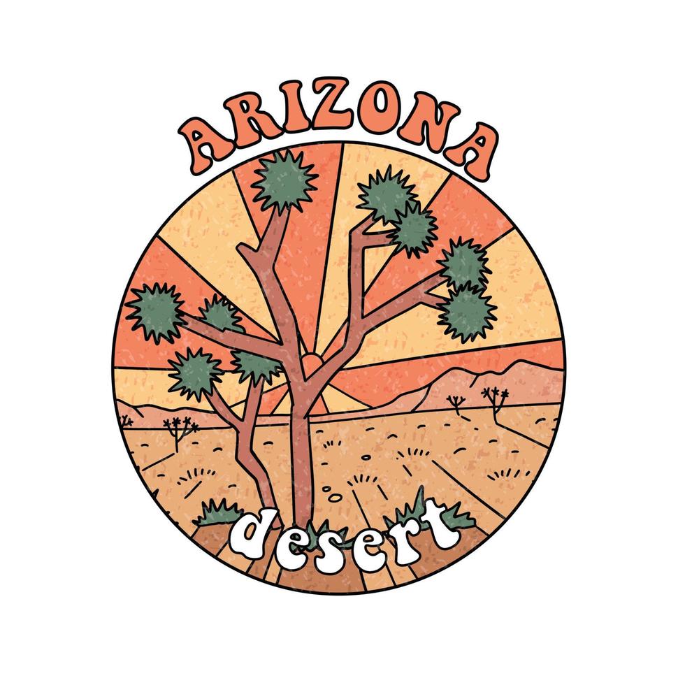 Arizona Desierto con Joshua árbol aventuras redondo Insignia impresión diseño. Clásico contorno vector ilustración obra de arte