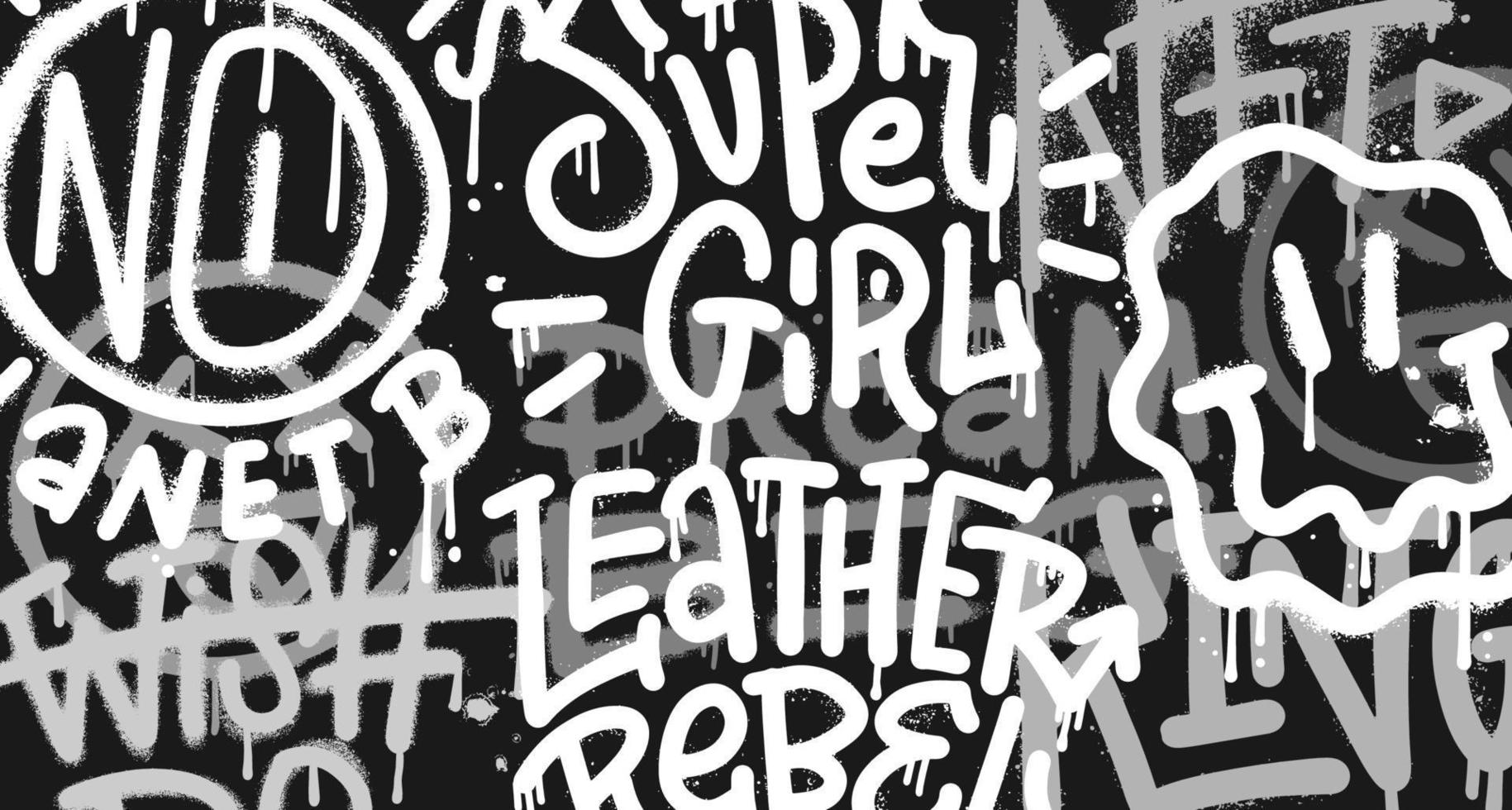 Graffiti wall horizontal background. Street art graffiti vector urban texture backdrop. Black, gray and white monochrome illustration