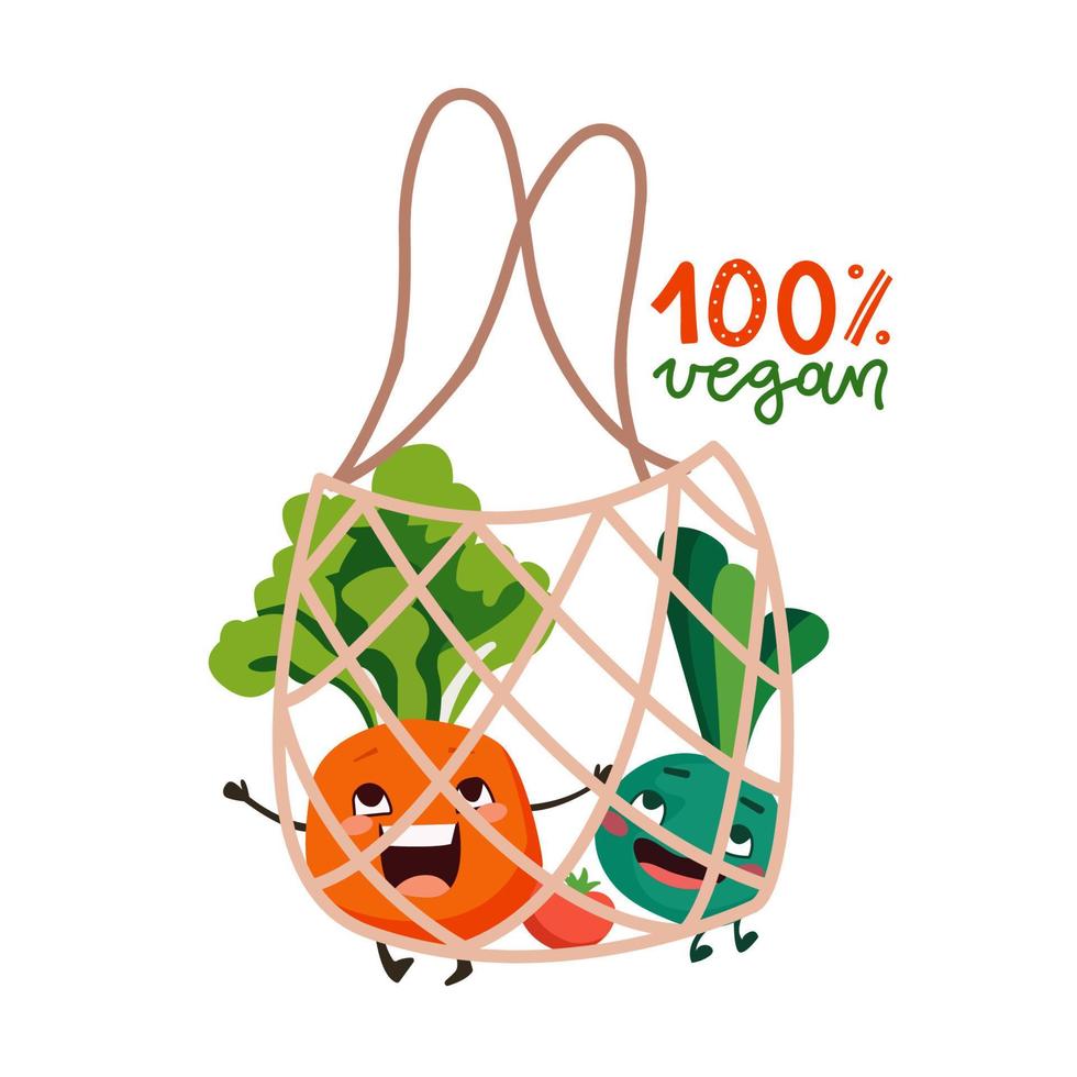 Eco net shopping bag with vegan products. Root vegetable chracters with funny cartoon faces. Concept for zero waste, 100 percent vegan. Food from local market or grocery. Vector flat illustration.