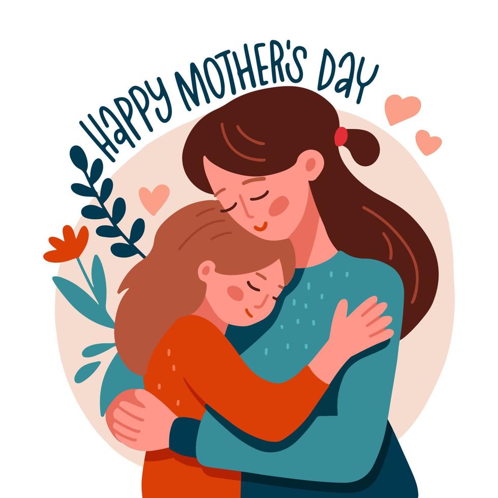 Happy Mother's Day Greeting Card. Flat hand drawn Vector Illustration Of Mother Holding girl In her Arms on floral background.