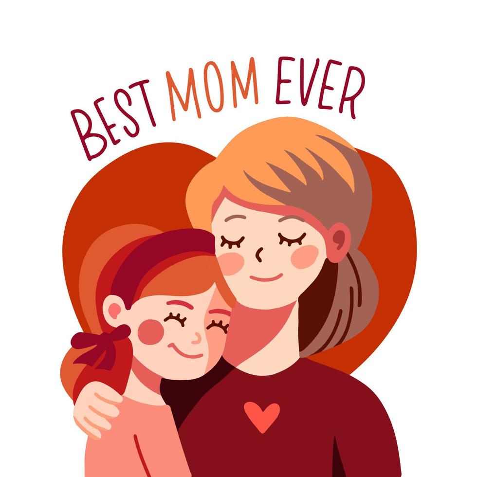 hija abrazando su madre en blanco antecedentes con grande rojo corazón. de la madre día saludo tarjeta. mejor mamá alguna vez. plano mano dibujado vector ilustración.