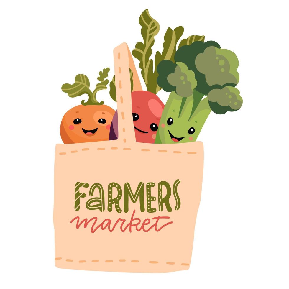 Hand drawn organic food characters in tote bag isolated on white background. Banner template of a eco friendly, green lifestyle, local vegetables. Farmers market. Vector flat hand drawn illustration.