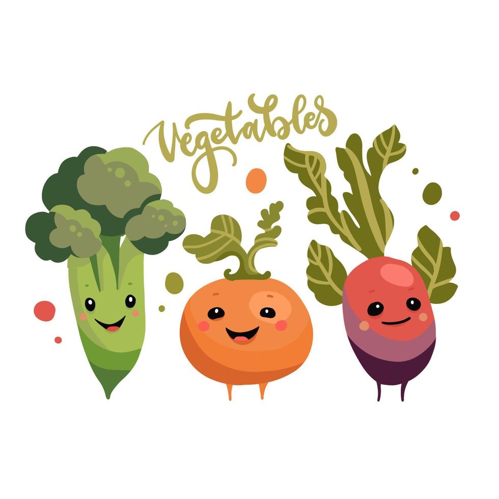 Cute vegetable cartoon characters isolated on white background. Funny celery, turnip, beetroot with lettering word Vegetables. Happy smile face, comical food emoji. Vector flat hand drawn illustration