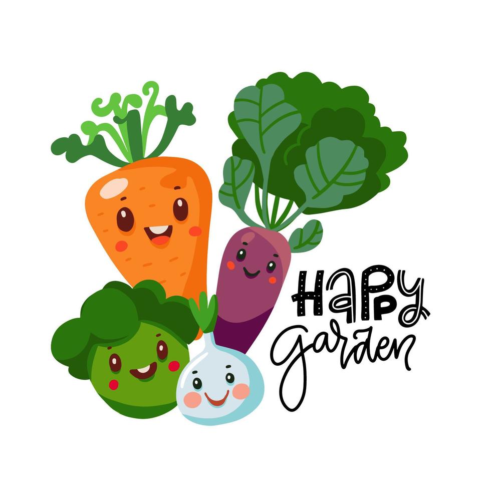 Happy garden isolated concept with different cute happy vegetable characters. Vector hand drawn flat illustration isolated on white background with lettering text