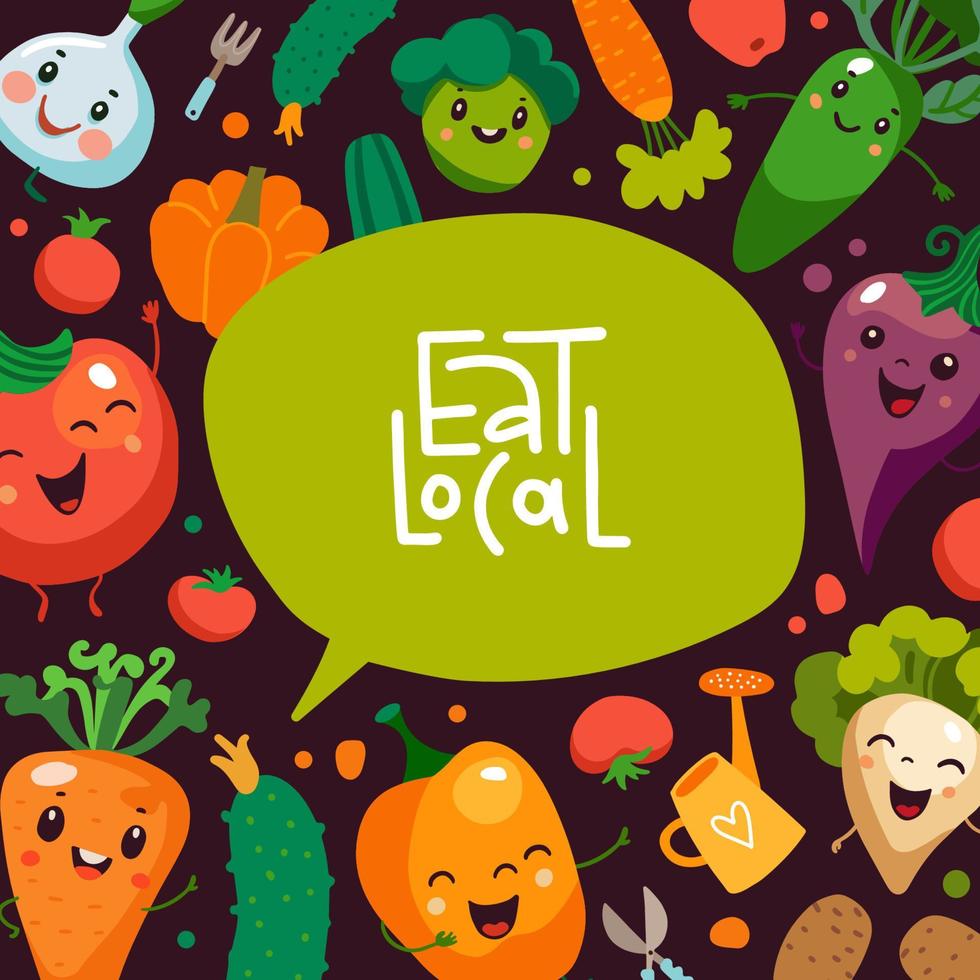 linda dibujos animados vegetales bandera modelo con letras tipografía - comer local. agricultores mercado concepto ilustración con linda vegetal caracteres con sonriente caras. vector eps10