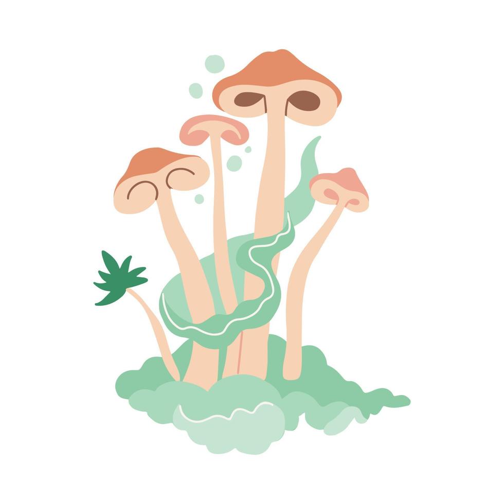 70s Retro hippie magic mushroom with green smoke print for graphic tee t shirt or poster sticker. Vector flat hand drawn illustration.