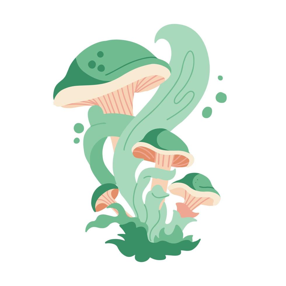 Trippy psychedelic mushrooms in flat vector style with green fume. Isolated concept