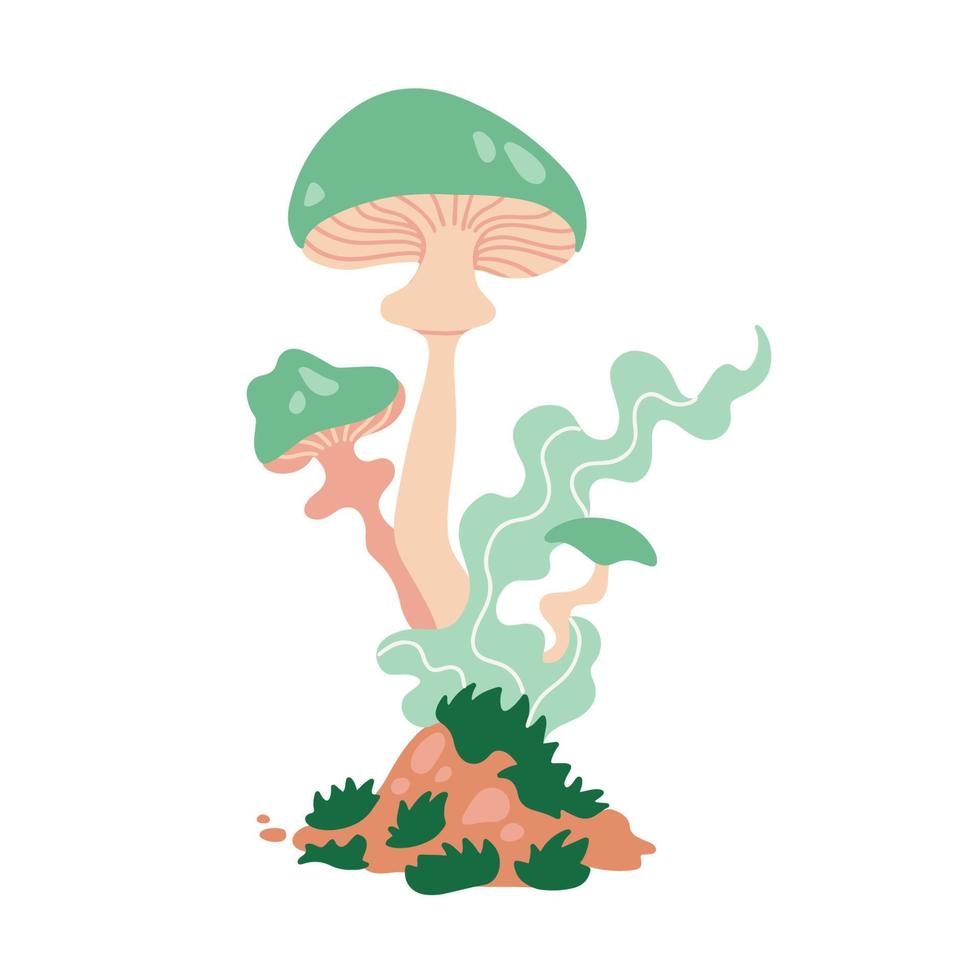 pastel verde magia hongos con humo aislado en un blanco antecedentes. psicodélico hongo impresión . plano mano dibujado vector ilustración.