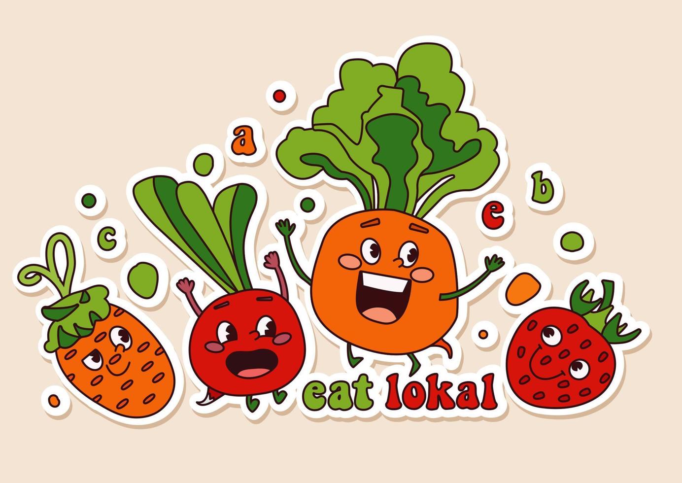 Cute and funny vegetable characters in various posing and emotional. Set contains strawberry, beet, turnip, carrot. Vecto sticker with vegetable mascots in different pose and activities. vector