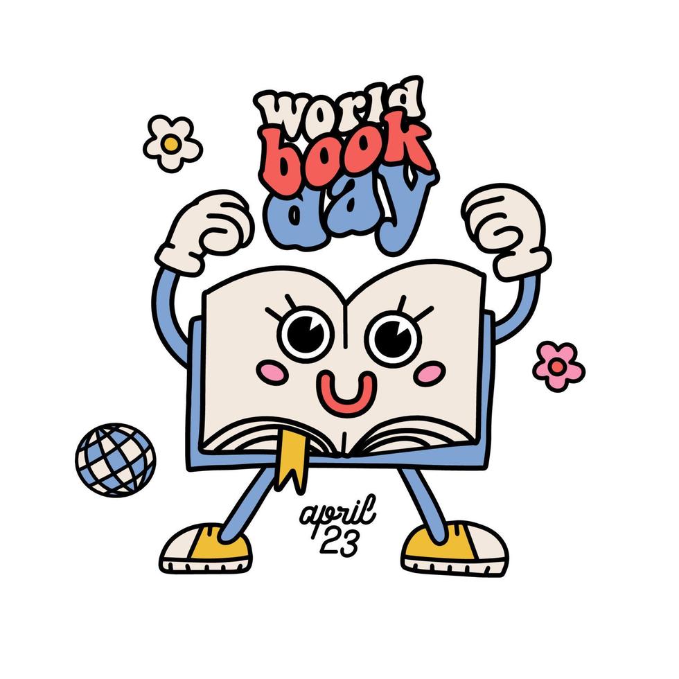 90s retro dibujos animados libro personaje gracioso grande ojos y saludo texto mundos libro día. aislado elementos para tarjeta o pegatina diseño. Clásico contorno plano vector ilustración. internacional literatura día.