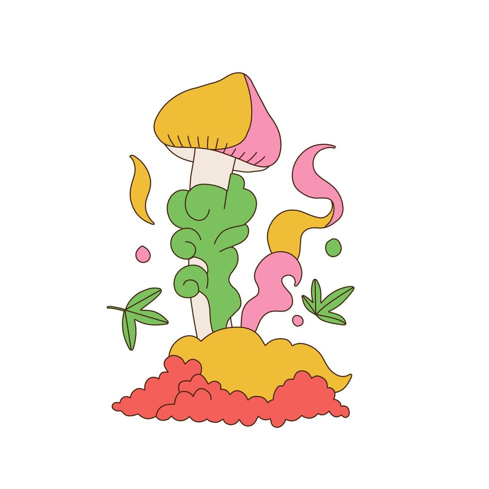 King Creepy mushrooms with green leaves. Groovy retro hand draw vector illustration.