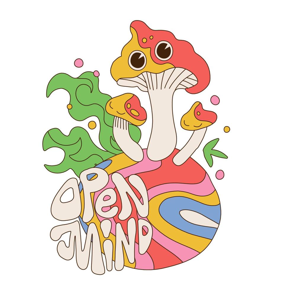 Modern psychedelic art concept. Trippy mushrooms with eyes, rainbow planet, text Open Mind. Hippie groovy clipart in flat style. 60's, 70's concept for card, poster. Vector illustration.