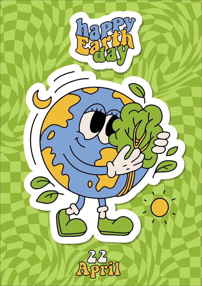 Vintage motivation poster or greeting card design template with walking happy cute Earth planet character with Happy earth day ahead caption.70s retro cartoon mascot cuddling tree. Vector illustration