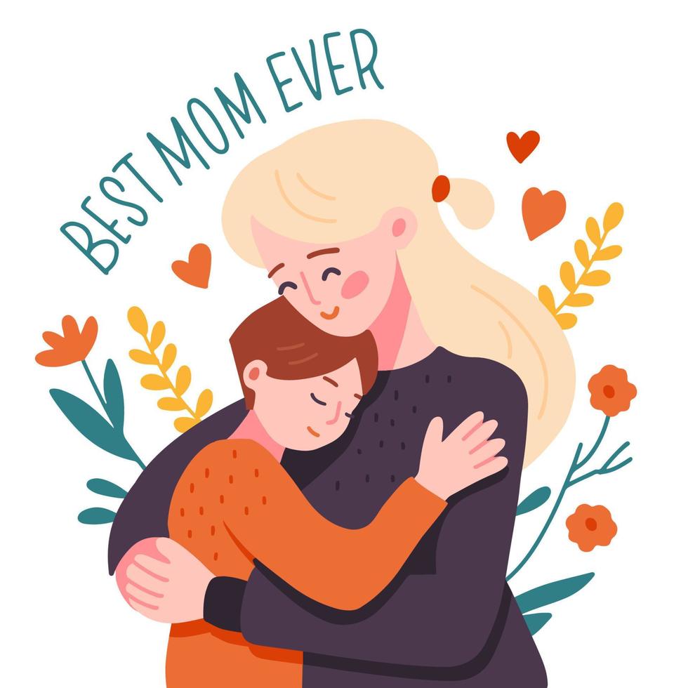 Young mother hug her boy child on floral background. Best mom ever ...