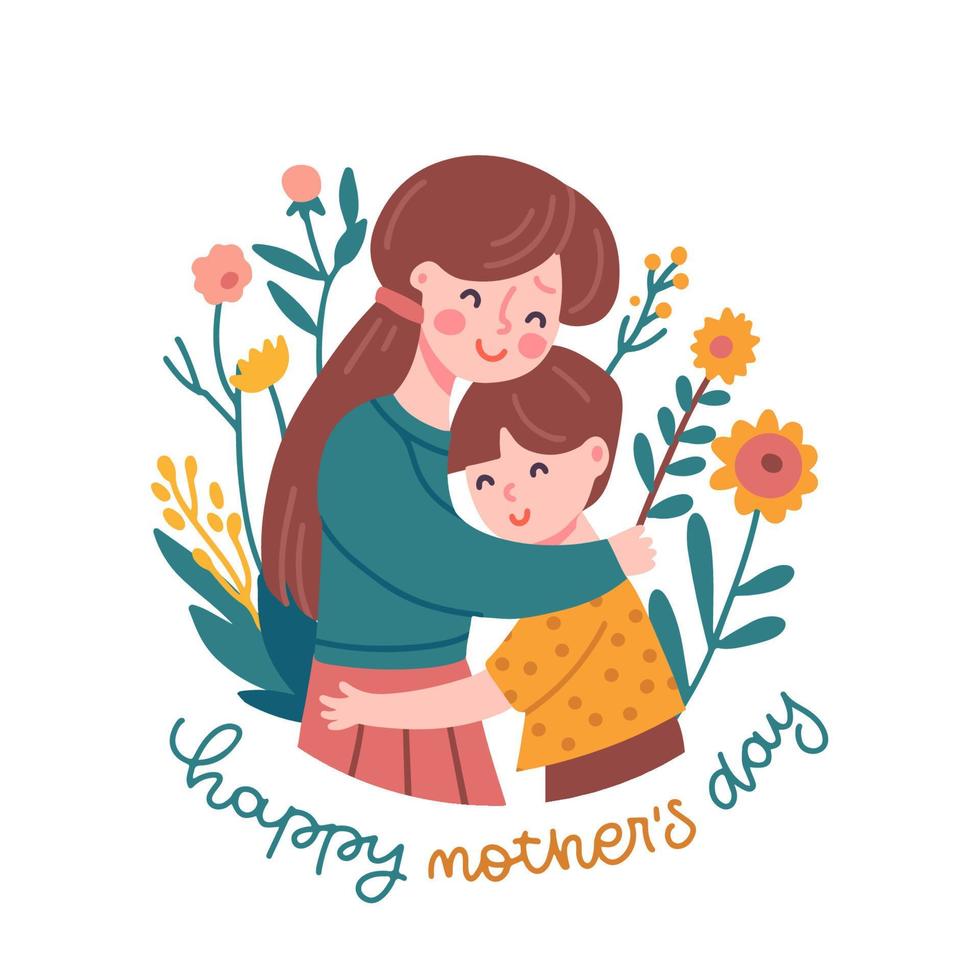Happy Mother's day greeting card. Woman hugging a child. Mother holding boy son with flowers around. Motherhood, maternity leave, baby care, happy family or single mother concept. Flat vector image